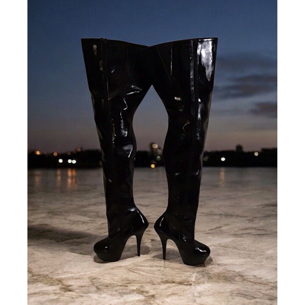 Thigh High Patent Leather Platform Boot, Shinny, 5 In Heel, Almond Toe, Read